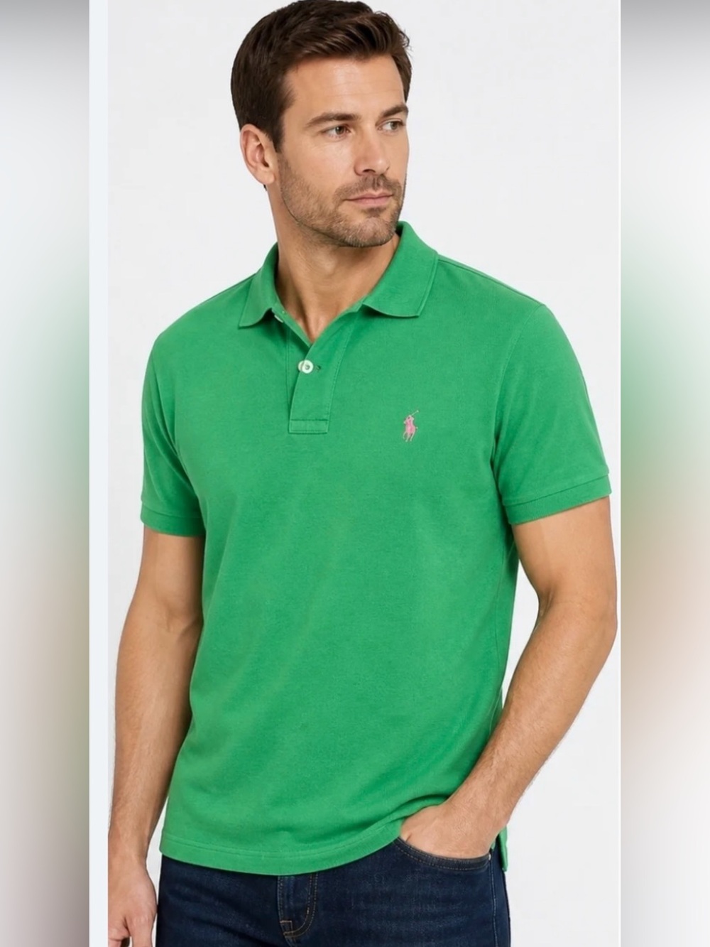 Vintage Ralph Lauren Weathered Green Polo Shirt with Pink Logo Classic Fit M